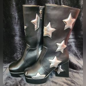 Lamoda Seeking Stars Black Platform Heel 70s Disco Glam Rock Vegan Boots Size 9
